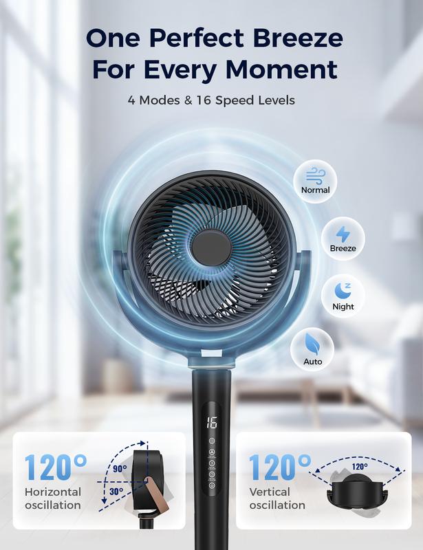 Ultra Quiet Standing Fan with 3D Air Circulation 16 Speeds